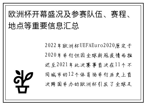 欧洲杯开幕盛况及参赛队伍、赛程、地点等重要信息汇总